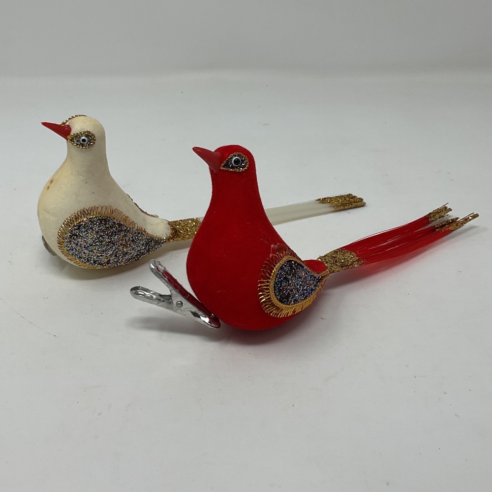 Set of 2 MCM Flocked Glitter Bird‎ Christmas Ornaments Clip On Red White Vintage